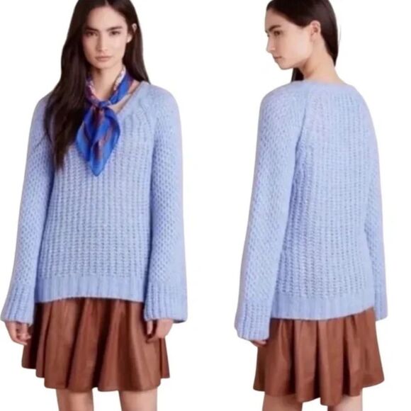 Moth Mohair Wool Blend Pull Over Cable Knit Bell Sleeve V-Neck Sweater  Size: XS - Picture 2 of 14